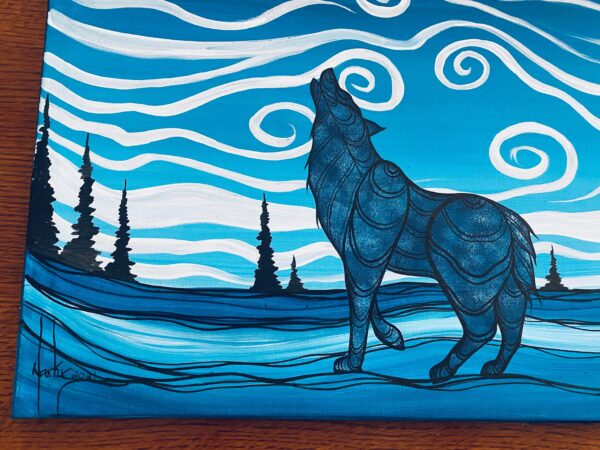 Anishinaabe Markus Houston Signed Spirit Howling Wolf in the Night Acrylic on Canvas Painting/ - Image 3