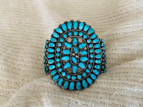 Zuni Vintage Sterling Silver Tall Turquoise Tear Drop Cluster Cuff Bracelet/