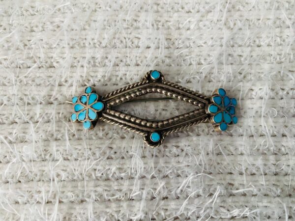 Zuni Vintage Sterling Silver Turquoise Flush Inlay Dishta Style Flower Hair Barrette/