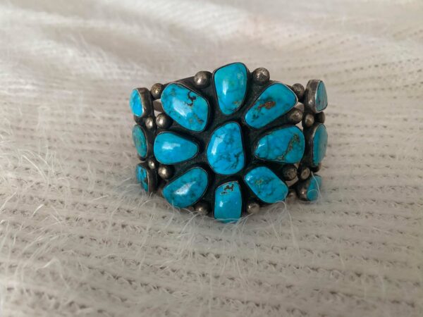 Navajo Vintage Sterling Silver Turquoise Flower Cluster Cuff Bracelet/