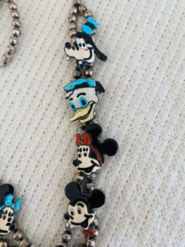 Zuni Andrea Lonjose Signed Inlay Sterling Silver Mickey Minnie Disney Characters Squash Necklace/ - Image 2