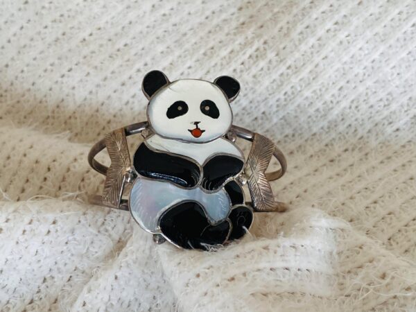 Zuni Tewa Virgil and Shirley Benn Signed Sterling Silver Panda Bear Cuff Bracelet/