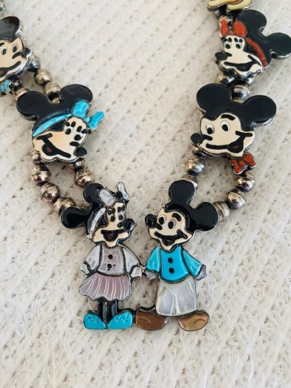 Zuni Andrea Lonjose Signed Inlay Sterling Silver Mickey Minnie Disney Characters Squash Necklace/ - Image 5