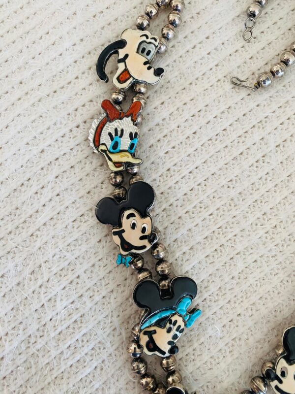 Zuni Andrea Lonjose Signed Inlay Sterling Silver Mickey Minnie Disney Characters Squash Necklace/ - Image 3