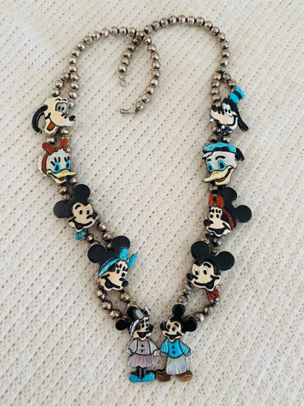 Zuni Andrea Lonjose Signed Inlay Sterling Silver Mickey Minnie Disney Characters Squash Necklace/