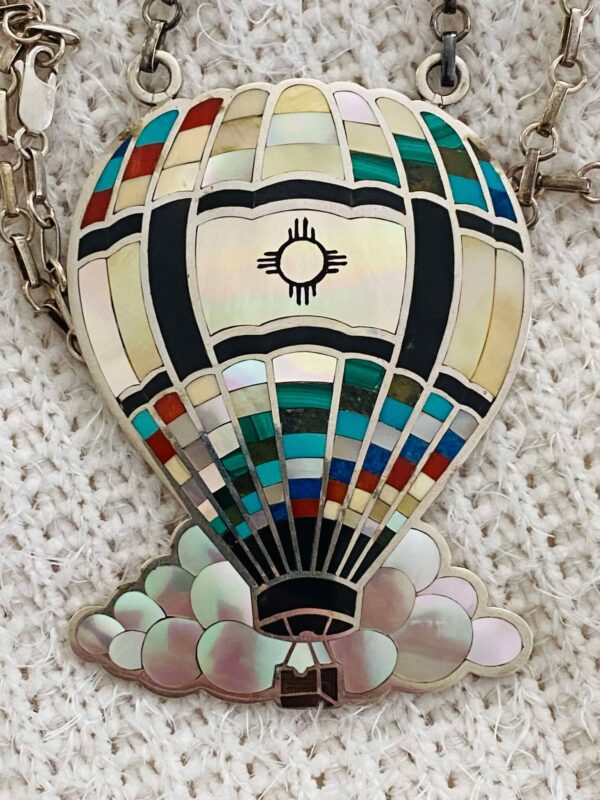 Vintage Zuni Ruddell & Nancy Laconsello Signed Sterling Silver Inlaid Hot Air Balloon Pendant Necklace/