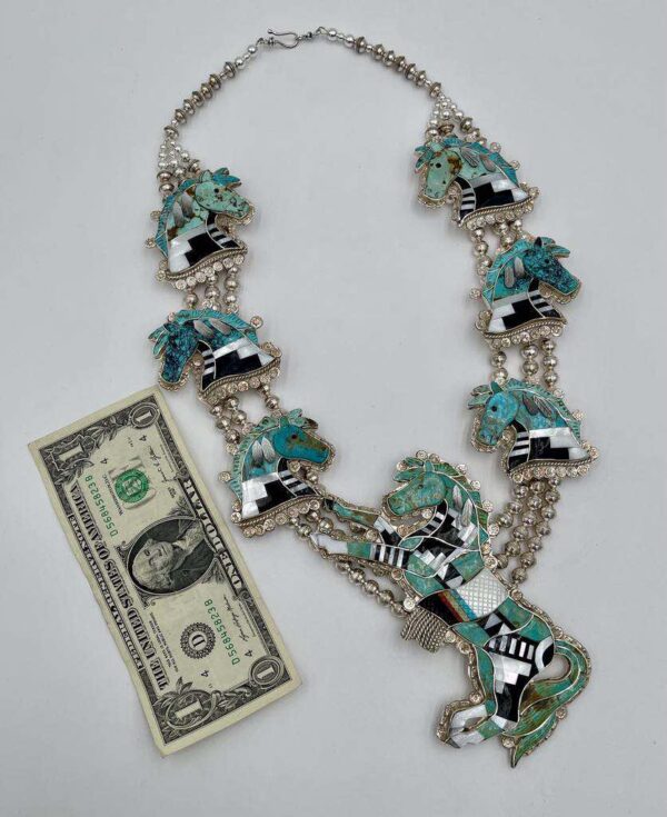 Zuni Eldred Martinez Signed Inlay Carved Sterling Silver Turquoise Zuni Pony Horse Squash Necklace/ - Image 3