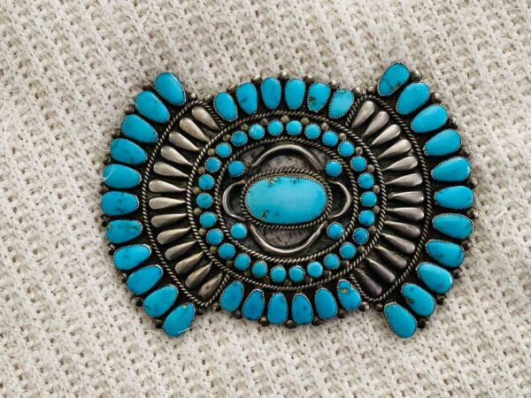 Zuni Vintage Antique Sterling Silver Turquoise Tear Drop 5 Inch Cluster Manta Pin Brooch/