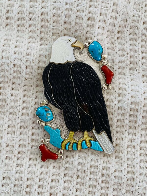 Zuni Randy Pinto Signed Sterling Silver American Bald Eagle Pin Pendant/