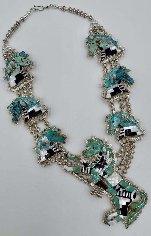 Zuni Eldred Martinez Signed Inlay Carved Sterling Silver Turquoise Zuni Pony Horse Squash Necklace/ - Image 2