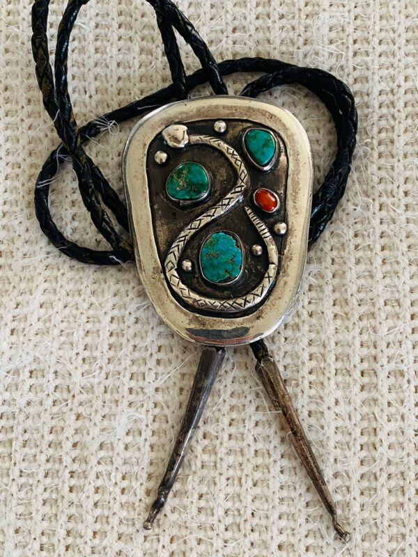 Vintage Antique Zuni C-31 Turquoise & Coral Sterling Silver Snake Bolo Tie/