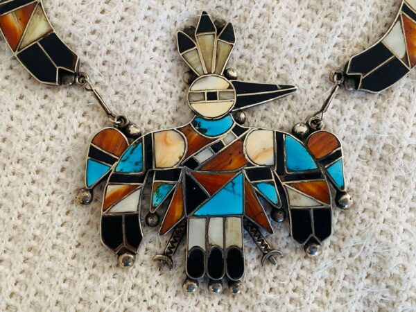 Vintage Zuni Sterling Silver Inlaid Zuni Thunderbird Masterpiece Pendant Necklace/ - Image 3