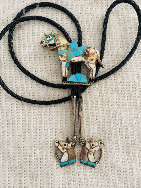 Zuni Vintage Helen and Lincoln Zunie Signed Sterling Silver Horse Bolo Tie & Matching Tips/ - Image 2