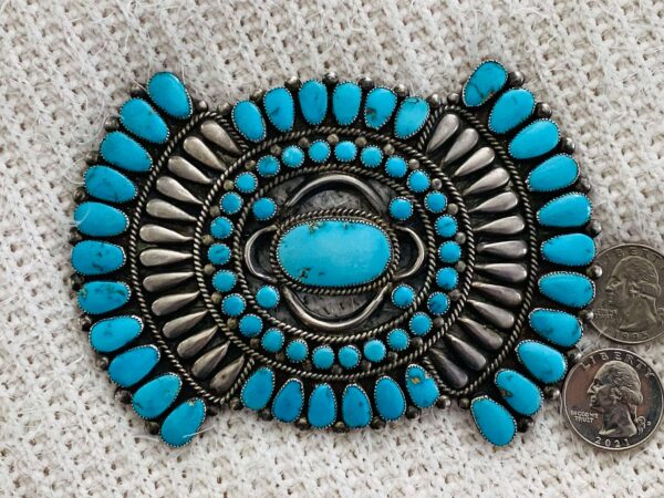 Zuni Vintage Antique Sterling Silver Turquoise Tear Drop 5 Inch Cluster Manta Pin Brooch/ - Image 4