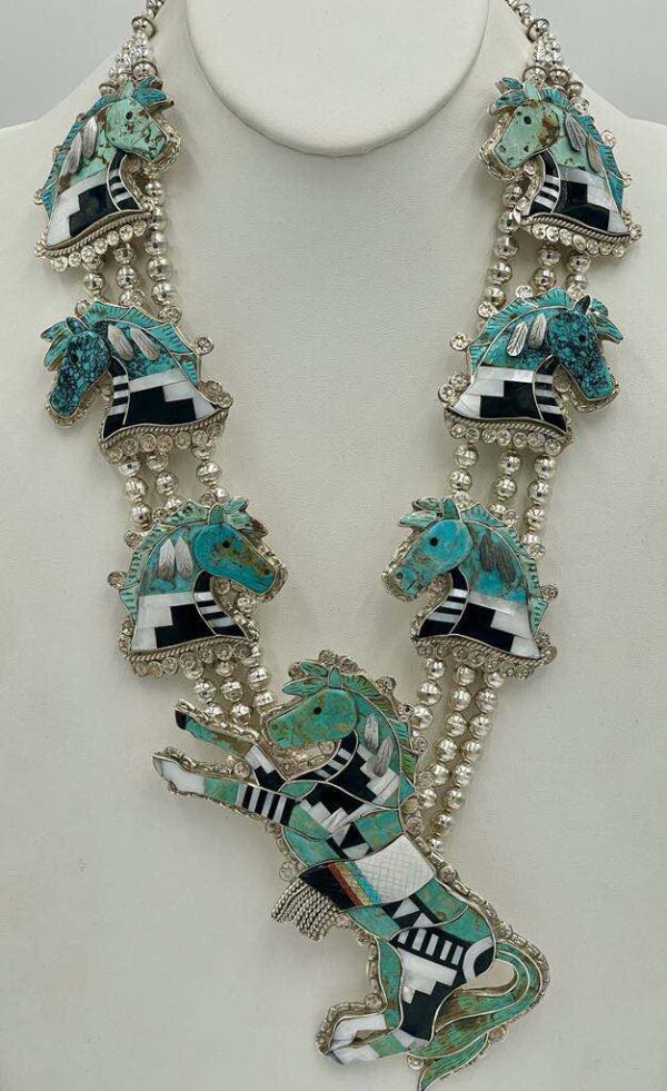 Zuni Eldred Martinez Signed Inlay Carved Sterling Silver Turquoise Zuni Pony Horse Squash Necklace/ - Image 6