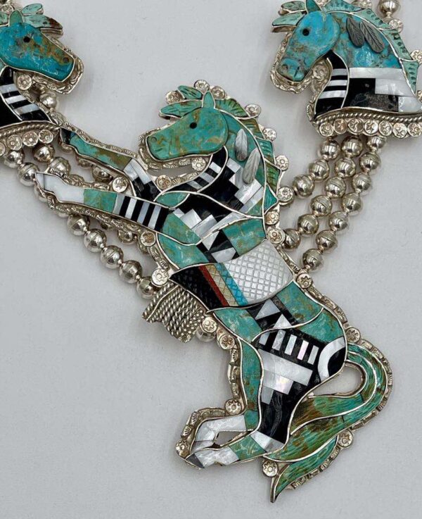 Zuni Eldred Martinez Signed Inlay Carved Sterling Silver Turquoise Zuni Pony Horse Squash Necklace/ - Image 4