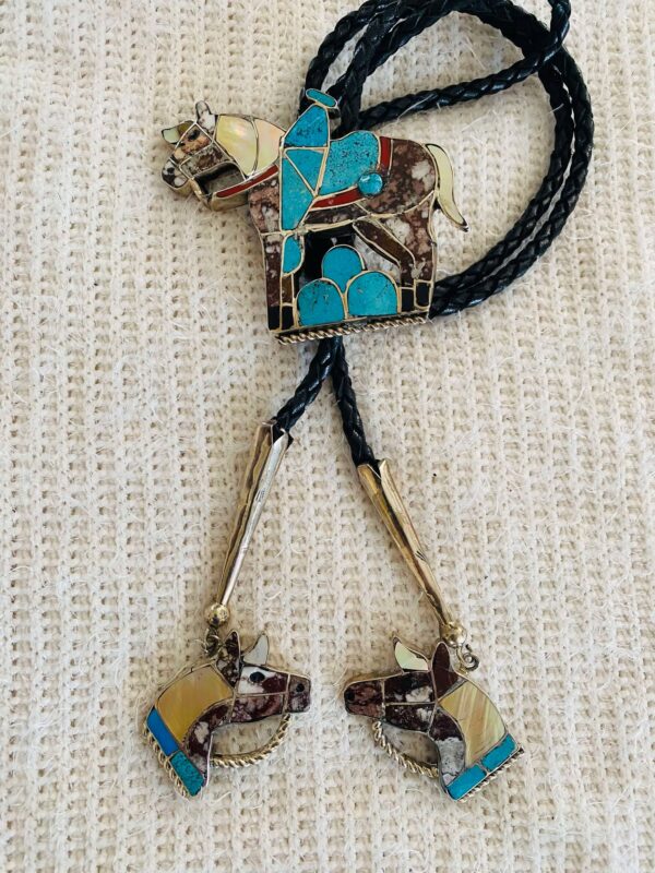 Zuni Vintage Helen and Lincoln Zunie Signed Sterling Silver Horse Bolo Tie & Matching Tips/