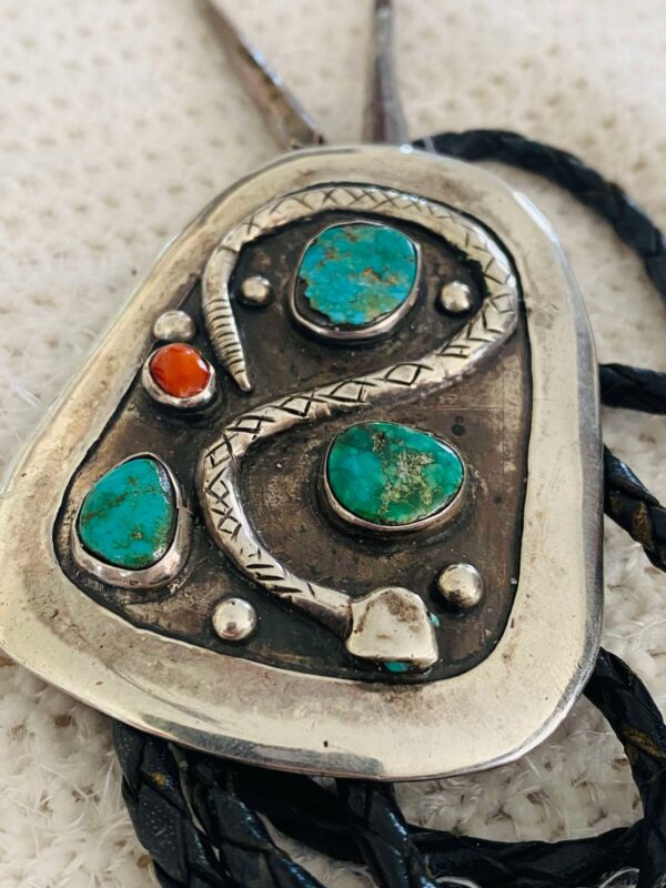 Vintage Antique Zuni C-31 Turquoise & Coral Sterling Silver Snake Bolo Tie/ - Image 3