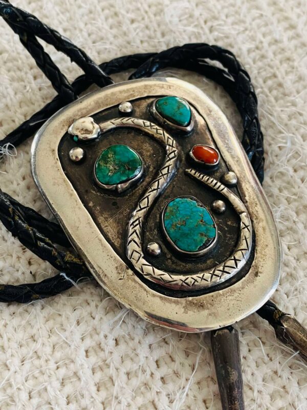 Vintage Antique Zuni C-31 Turquoise & Coral Sterling Silver Snake Bolo Tie/ - Image 2