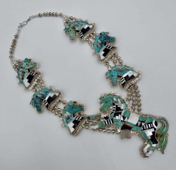 Zuni Eldred Martinez Signed Inlay Carved Sterling Silver Turquoise Zuni Pony Horse Squash Necklace/