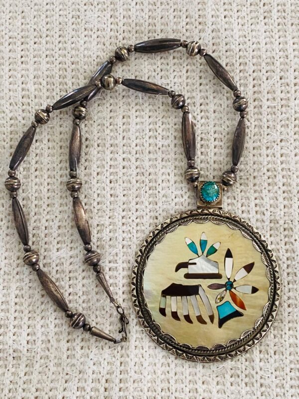 Vintage Zuni Sterling Silver Inlaid Zuni Eagle Kachina Masterpiece Pendant Necklace/