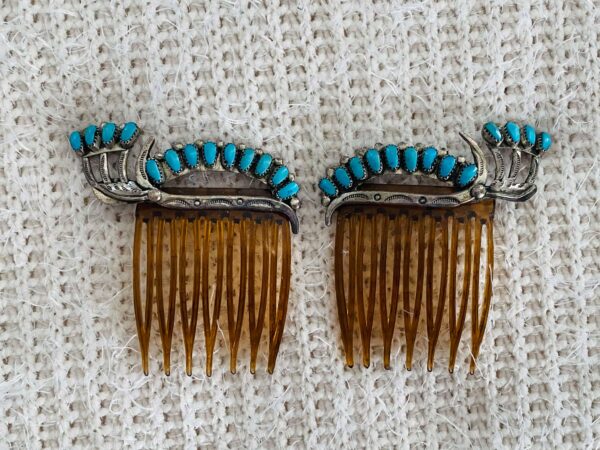 Antique Zuni Leonard & Lula Weebothee Signed Sterling Silver Matching Turquoise Hair Comb Set/