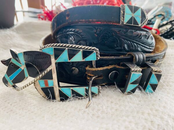 Zuni HL Zunie Signed Sterling Silver Inlay Horse 4 Piece Black Leather Ranger Belt Set/