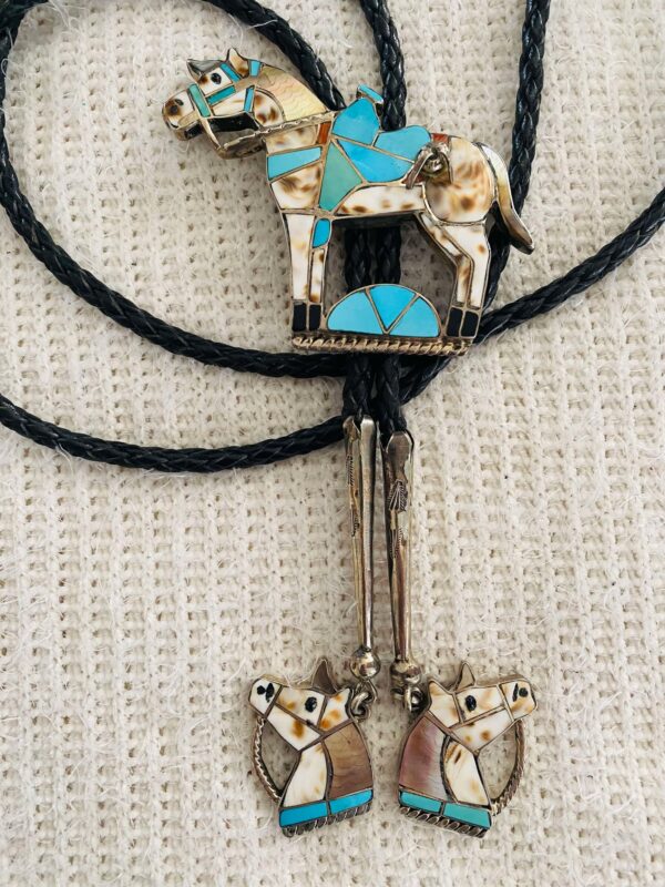 Zuni Vintage Helen and Lincoln Zunie Signed Sterling Silver Horse Bolo Tie & Matching Tips/