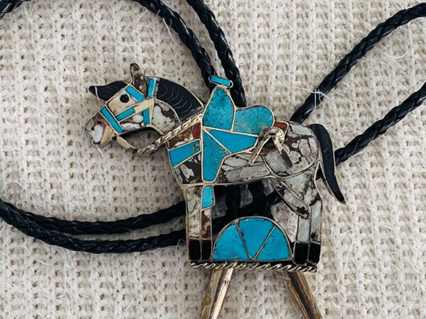 Zuni Vintage Helen and Lincoln Zunie Signed Sterling Silver Horse Bolo Tie & Matching Tips/ - Image 2