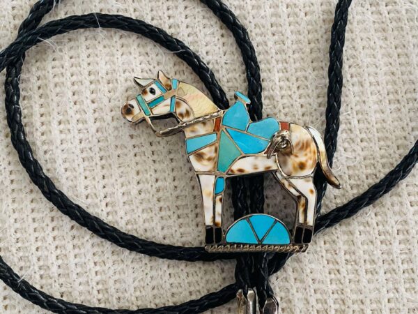 Zuni Vintage Helen and Lincoln Zunie Signed Sterling Silver Horse Bolo Tie & Matching Tips/ - Image 4